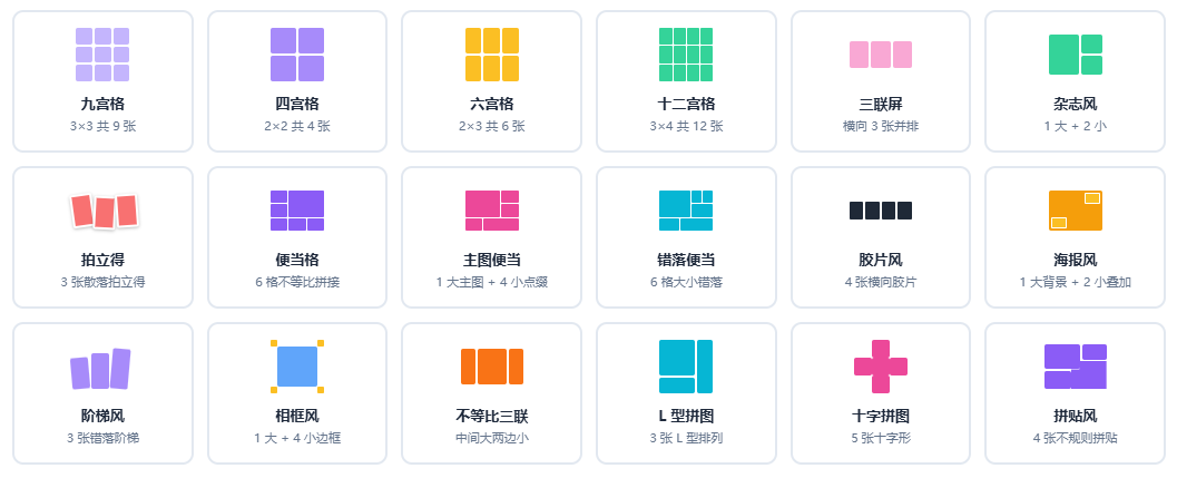 多图拼图不用PS：20种模板一键拼，朋友圈九宫格/拍立得/杂志风全搞定
