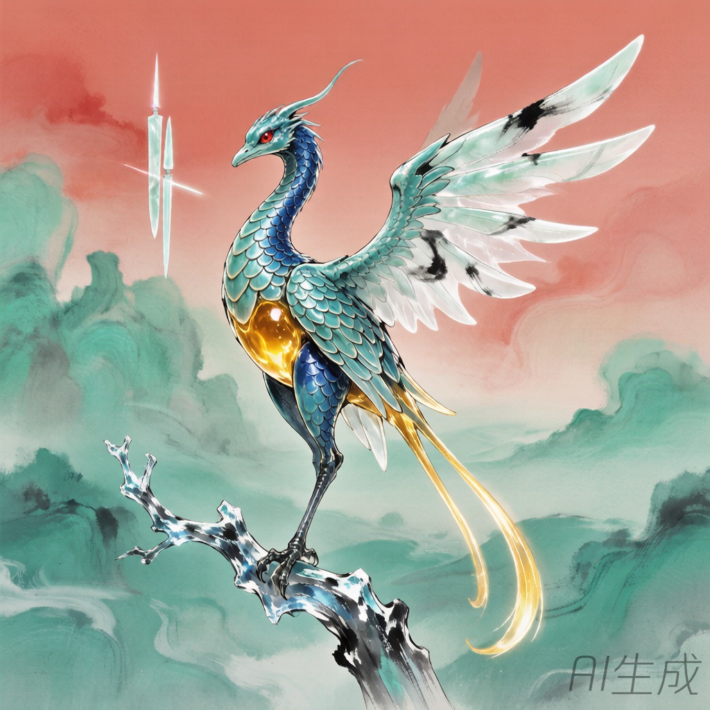 霞刃雀——青瓷釉质的仙禽，尾羽化作流光剑鞘